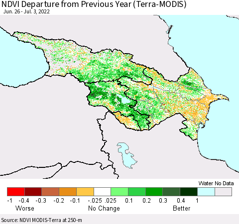 Azerbaijan, Armenia and Georgia NDVI Departure from Previous Year (Terra-MODIS) Thematic Map For 6/26/2022 - 7/3/2022
