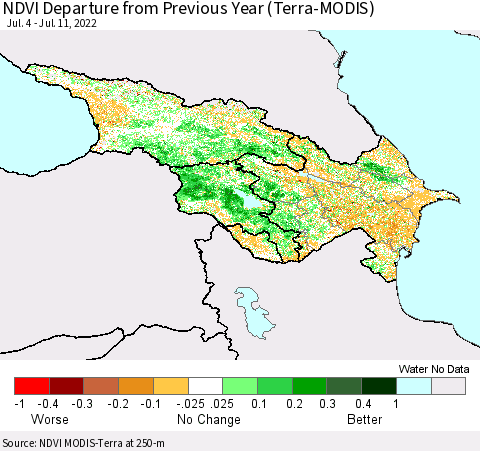 Azerbaijan, Armenia and Georgia NDVI Departure from Previous Year (Terra-MODIS) Thematic Map For 7/4/2022 - 7/11/2022