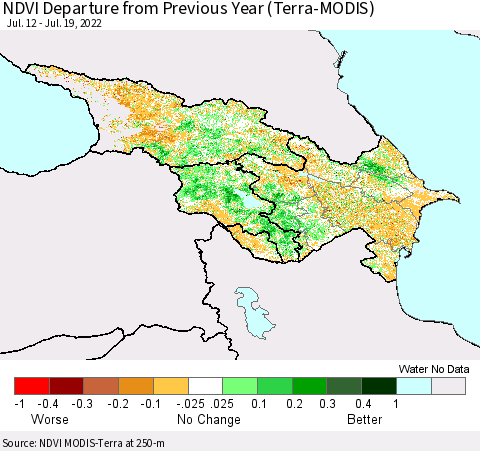 Azerbaijan, Armenia and Georgia NDVI Departure from Previous Year (Terra-MODIS) Thematic Map For 7/12/2022 - 7/19/2022