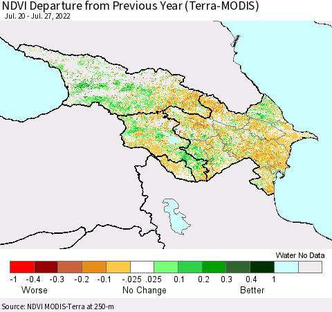 Azerbaijan, Armenia and Georgia NDVI Departure from Previous Year (Terra-MODIS) Thematic Map For 7/20/2022 - 7/27/2022