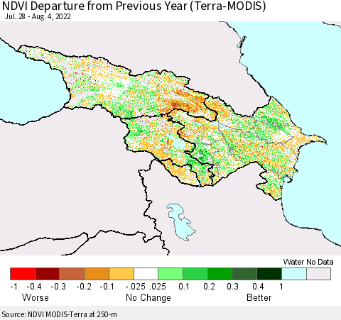 Azerbaijan, Armenia and Georgia NDVI Departure from Previous Year (Terra-MODIS) Thematic Map For 7/28/2022 - 8/4/2022