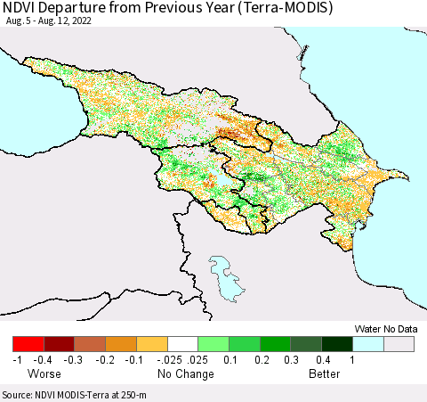 Azerbaijan, Armenia and Georgia NDVI Departure from Previous Year (Terra-MODIS) Thematic Map For 8/5/2022 - 8/12/2022