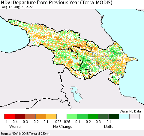Azerbaijan, Armenia and Georgia NDVI Departure from Previous Year (Terra-MODIS) Thematic Map For 8/13/2022 - 8/20/2022