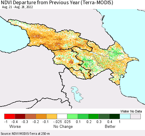 Azerbaijan, Armenia and Georgia NDVI Departure from Previous Year (Terra-MODIS) Thematic Map For 8/21/2022 - 8/28/2022