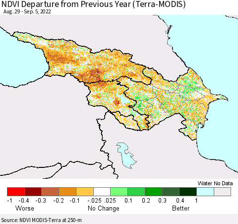 Azerbaijan, Armenia and Georgia NDVI Departure from Previous Year (Terra-MODIS) Thematic Map For 8/29/2022 - 9/5/2022