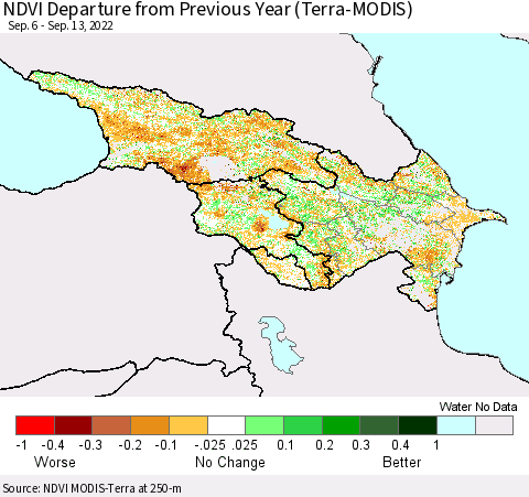 Azerbaijan, Armenia and Georgia NDVI Departure from Previous Year (Terra-MODIS) Thematic Map For 9/6/2022 - 9/13/2022