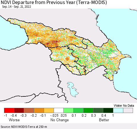 Azerbaijan, Armenia and Georgia NDVI Departure from Previous Year (Terra-MODIS) Thematic Map For 9/14/2022 - 9/21/2022