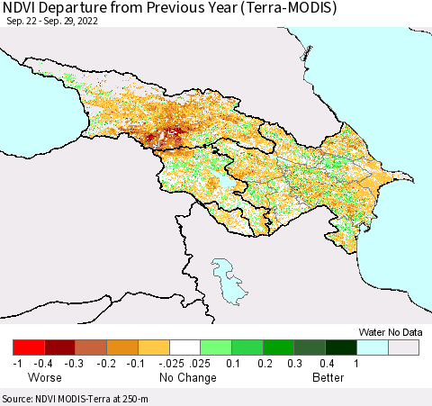 Azerbaijan, Armenia and Georgia NDVI Departure from Previous Year (Terra-MODIS) Thematic Map For 9/22/2022 - 9/29/2022
