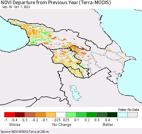 Azerbaijan, Armenia and Georgia NDVI Departure from Previous Year (Terra-MODIS) Thematic Map For 9/30/2022 - 10/7/2022