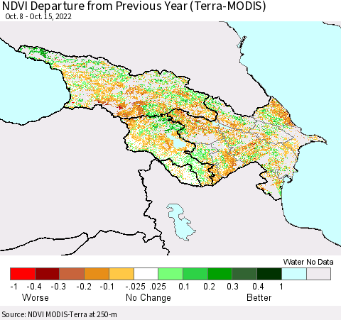 Azerbaijan, Armenia and Georgia NDVI Departure from Previous Year (Terra-MODIS) Thematic Map For 10/8/2022 - 10/15/2022