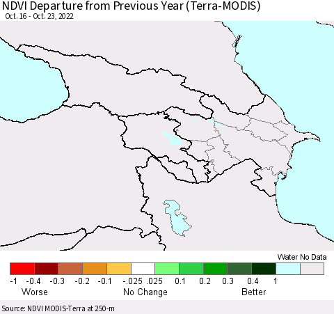 Azerbaijan, Armenia and Georgia NDVI Departure from Previous Year (Terra-MODIS) Thematic Map For 10/16/2022 - 10/23/2022