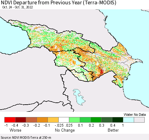 Azerbaijan, Armenia and Georgia NDVI Departure from Previous Year (Terra-MODIS) Thematic Map For 10/24/2022 - 10/31/2022