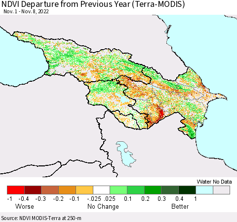 Azerbaijan, Armenia and Georgia NDVI Departure from Previous Year (Terra-MODIS) Thematic Map For 11/1/2022 - 11/8/2022