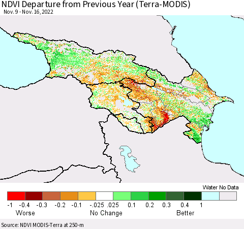 Azerbaijan, Armenia and Georgia NDVI Departure from Previous Year (Terra-MODIS) Thematic Map For 11/9/2022 - 11/16/2022