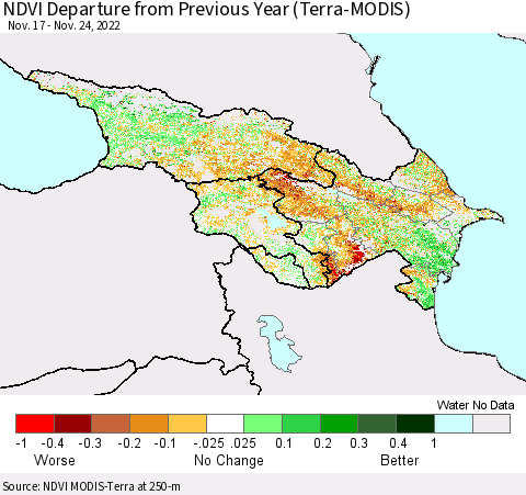 Azerbaijan, Armenia and Georgia NDVI Departure from Previous Year (Terra-MODIS) Thematic Map For 11/17/2022 - 11/24/2022