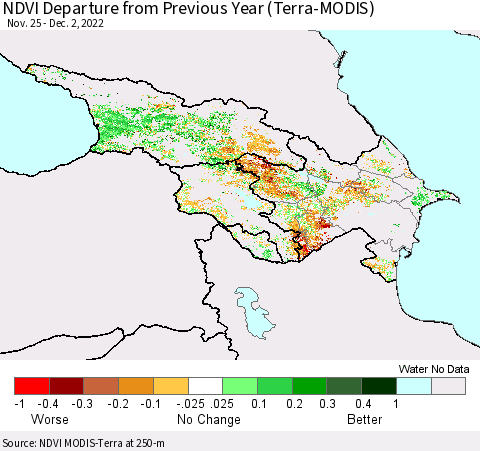 Azerbaijan, Armenia and Georgia NDVI Departure from Previous Year (Terra-MODIS) Thematic Map For 11/25/2022 - 12/2/2022
