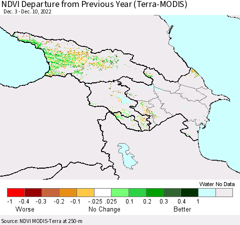 Azerbaijan, Armenia and Georgia NDVI Departure from Previous Year (Terra-MODIS) Thematic Map For 12/3/2022 - 12/10/2022