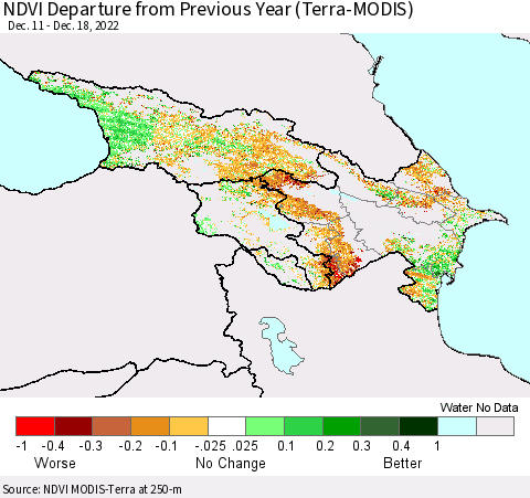 Azerbaijan, Armenia and Georgia NDVI Departure from Previous Year (Terra-MODIS) Thematic Map For 12/11/2022 - 12/18/2022