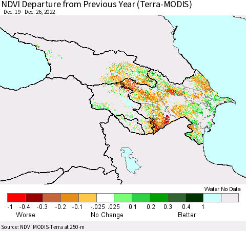 Azerbaijan, Armenia and Georgia NDVI Departure from Previous Year (Terra-MODIS) Thematic Map For 12/26/2022 - 1/2/2023
