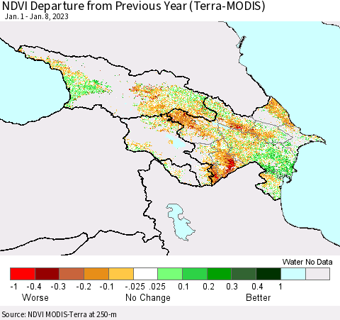 Azerbaijan, Armenia and Georgia NDVI Departure from Previous Year (Terra-MODIS) Thematic Map For 1/1/2023 - 1/8/2023