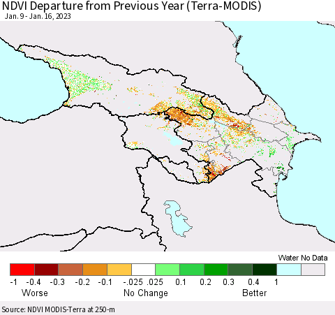 Azerbaijan, Armenia and Georgia NDVI Departure from Previous Year (Terra-MODIS) Thematic Map For 1/9/2023 - 1/16/2023