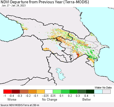 Azerbaijan, Armenia and Georgia NDVI Departure from Previous Year (Terra-MODIS) Thematic Map For 1/17/2023 - 1/24/2023