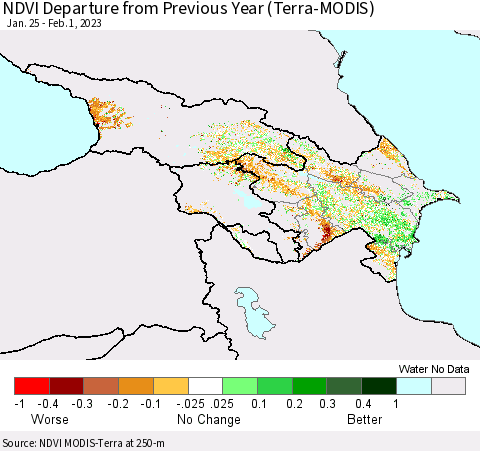 Azerbaijan, Armenia and Georgia NDVI Departure from Previous Year (Terra-MODIS) Thematic Map For 1/25/2023 - 2/1/2023