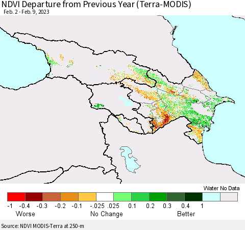 Azerbaijan, Armenia and Georgia NDVI Departure from Previous Year (Terra-MODIS) Thematic Map For 2/2/2023 - 2/9/2023