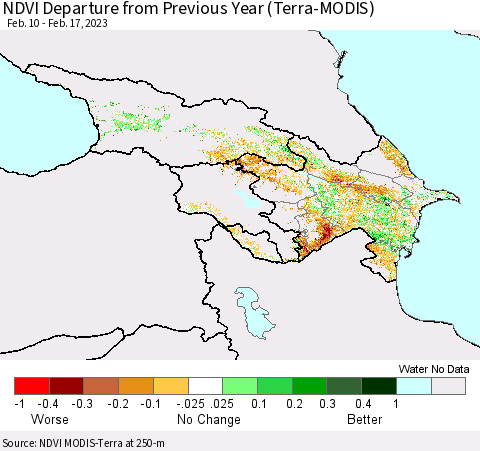 Azerbaijan, Armenia and Georgia NDVI Departure from Previous Year (Terra-MODIS) Thematic Map For 2/10/2023 - 2/17/2023