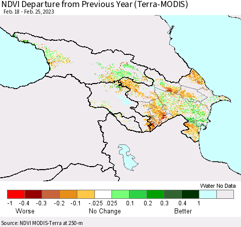 Azerbaijan, Armenia and Georgia NDVI Departure from Previous Year (Terra-MODIS) Thematic Map For 2/18/2023 - 2/25/2023