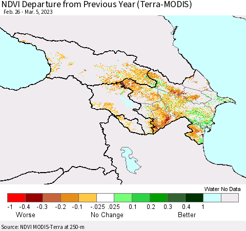 Azerbaijan, Armenia and Georgia NDVI Departure from Previous Year (Terra-MODIS) Thematic Map For 2/26/2023 - 3/5/2023