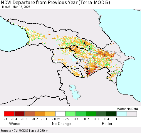Azerbaijan, Armenia and Georgia NDVI Departure from Previous Year (Terra-MODIS) Thematic Map For 3/6/2023 - 3/13/2023