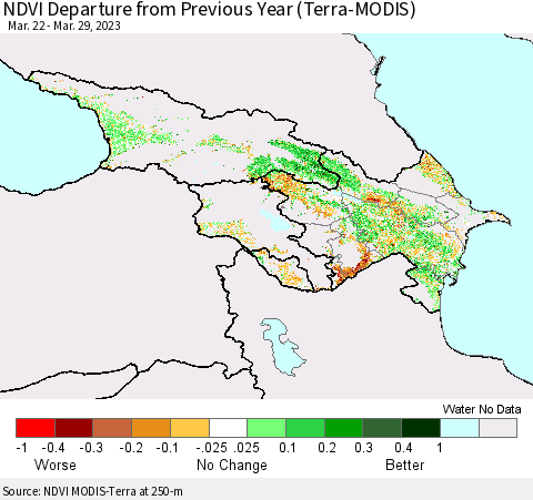 Azerbaijan, Armenia and Georgia NDVI Departure from Previous Year (Terra-MODIS) Thematic Map For 3/22/2023 - 3/29/2023