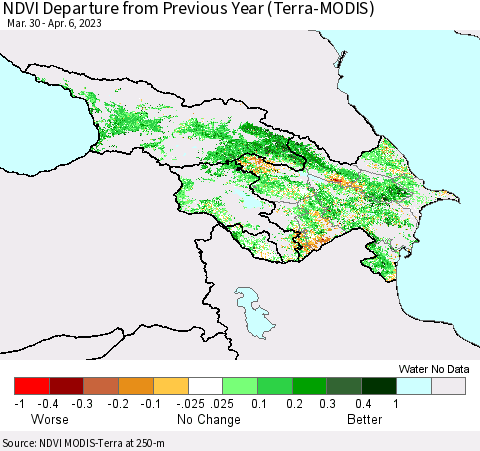 Azerbaijan, Armenia and Georgia NDVI Departure from Previous Year (Terra-MODIS) Thematic Map For 3/30/2023 - 4/6/2023