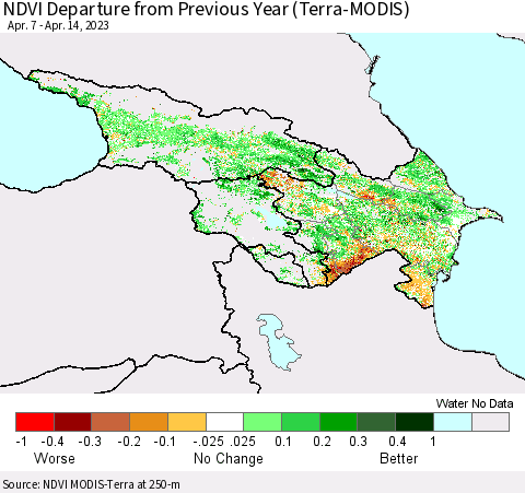 Azerbaijan, Armenia and Georgia NDVI Departure from Previous Year (Terra-MODIS) Thematic Map For 4/7/2023 - 4/14/2023