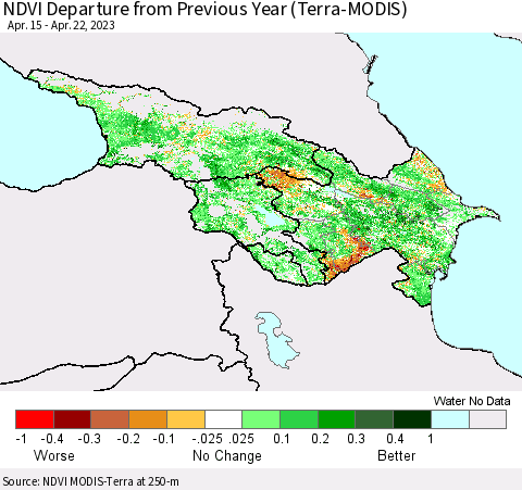 Azerbaijan, Armenia and Georgia NDVI Departure from Previous Year (Terra-MODIS) Thematic Map For 4/15/2023 - 4/22/2023