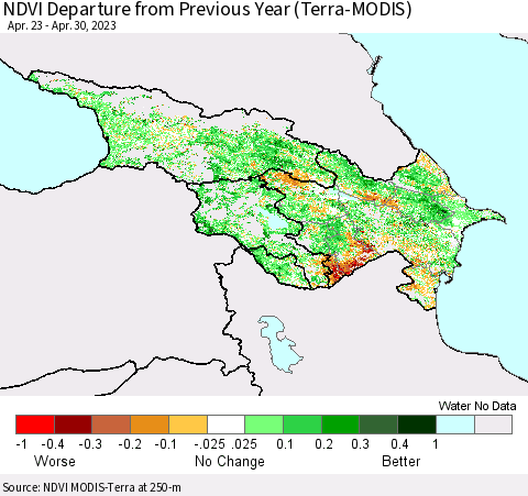 Azerbaijan, Armenia and Georgia NDVI Departure from Previous Year (Terra-MODIS) Thematic Map For 4/23/2023 - 4/30/2023