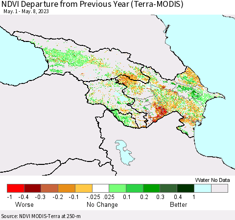 Azerbaijan, Armenia and Georgia NDVI Departure from Previous Year (Terra-MODIS) Thematic Map For 5/1/2023 - 5/8/2023