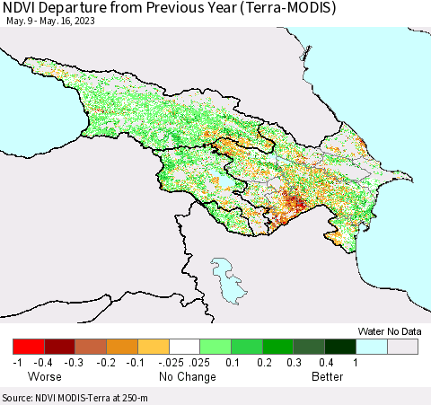 Azerbaijan, Armenia and Georgia NDVI Departure from Previous Year (Terra-MODIS) Thematic Map For 5/9/2023 - 5/16/2023