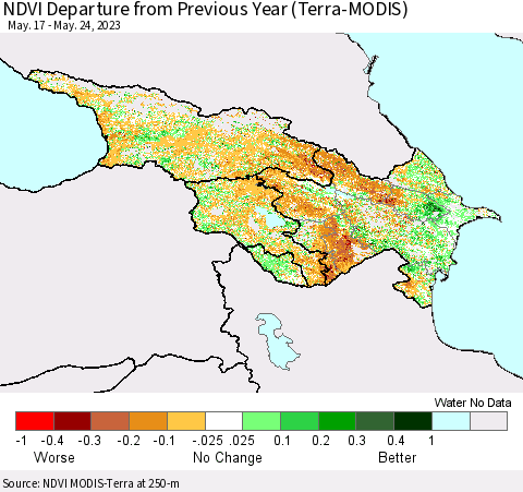 Azerbaijan, Armenia and Georgia NDVI Departure from Previous Year (Terra-MODIS) Thematic Map For 5/17/2023 - 5/24/2023