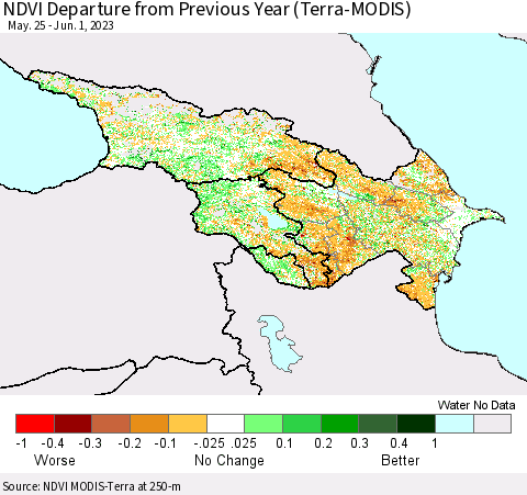 Azerbaijan, Armenia and Georgia NDVI Departure from Previous Year (Terra-MODIS) Thematic Map For 5/25/2023 - 6/1/2023