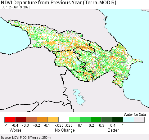 Azerbaijan, Armenia and Georgia NDVI Departure from Previous Year (Terra-MODIS) Thematic Map For 6/2/2023 - 6/9/2023
