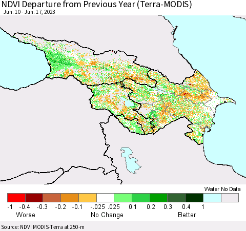 Azerbaijan, Armenia and Georgia NDVI Departure from Previous Year (Terra-MODIS) Thematic Map For 6/10/2023 - 6/17/2023