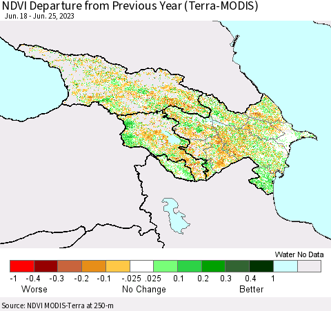 Azerbaijan, Armenia and Georgia NDVI Departure from Previous Year (Terra-MODIS) Thematic Map For 6/18/2023 - 6/25/2023