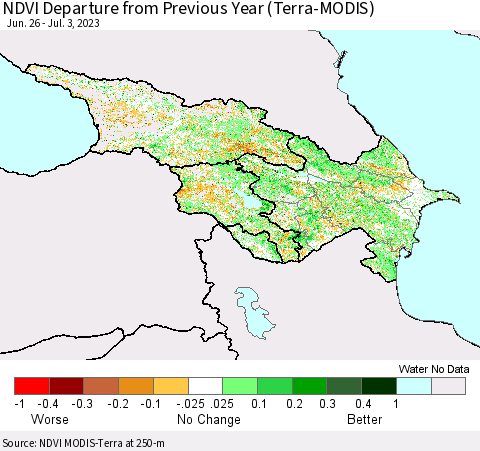 Azerbaijan, Armenia and Georgia NDVI Departure from Previous Year (Terra-MODIS) Thematic Map For 6/26/2023 - 7/3/2023