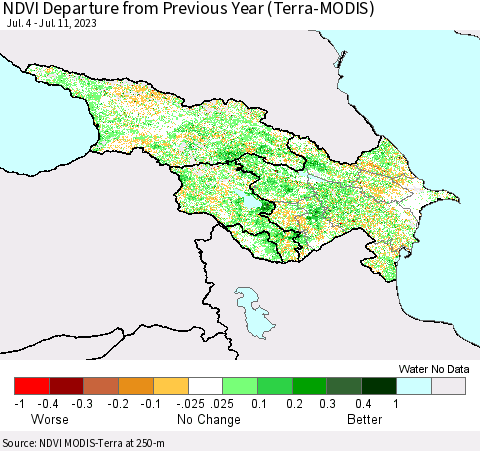 Azerbaijan, Armenia and Georgia NDVI Departure from Previous Year (Terra-MODIS) Thematic Map For 7/4/2023 - 7/11/2023