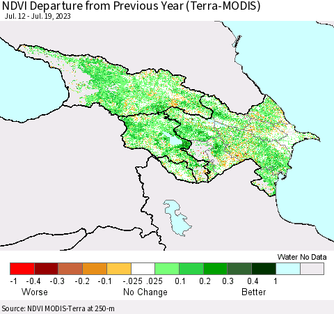 Azerbaijan, Armenia and Georgia NDVI Departure from Previous Year (Terra-MODIS) Thematic Map For 7/12/2023 - 7/19/2023