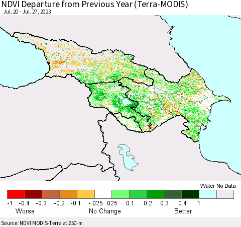 Azerbaijan, Armenia and Georgia NDVI Departure from Previous Year (Terra-MODIS) Thematic Map For 7/20/2023 - 7/27/2023