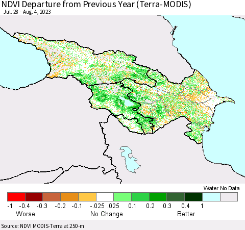 Azerbaijan, Armenia and Georgia NDVI Departure from Previous Year (Terra-MODIS) Thematic Map For 7/28/2023 - 8/4/2023