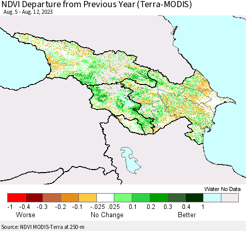 Azerbaijan, Armenia and Georgia NDVI Departure from Previous Year (Terra-MODIS) Thematic Map For 8/5/2023 - 8/12/2023
